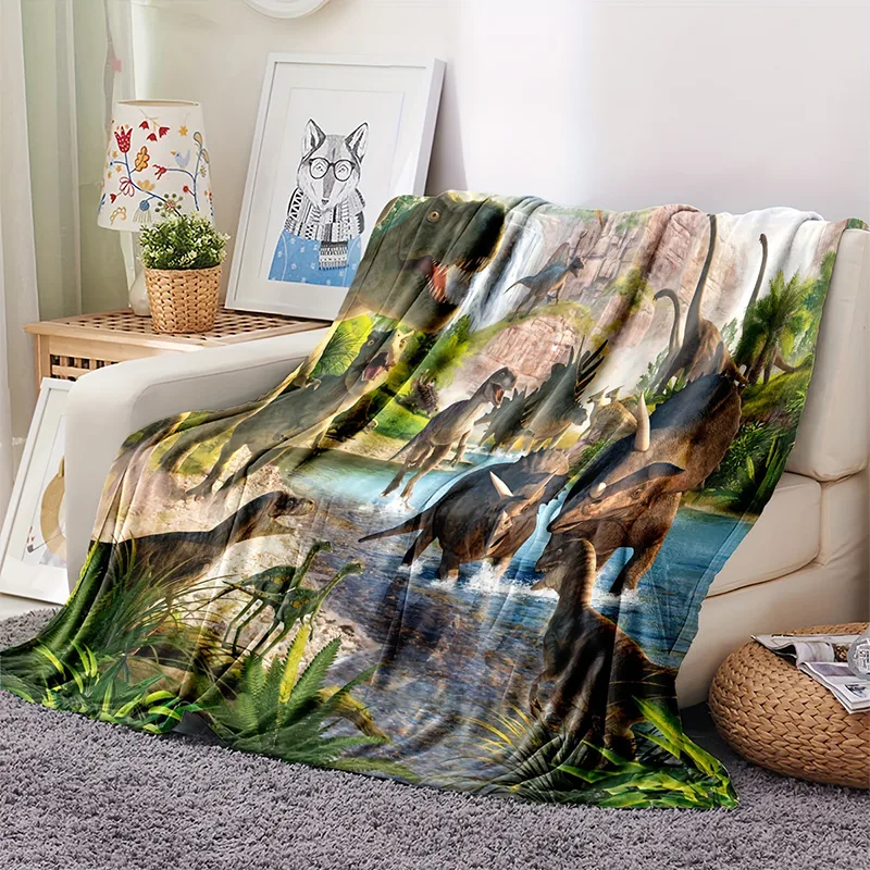 Vibrant Dinosaur Print Flannel Throw Blanket