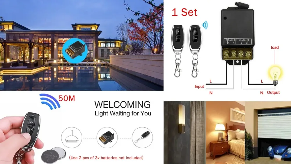 Wireless Remote Control Switch & Receiver Kit, No Wiring