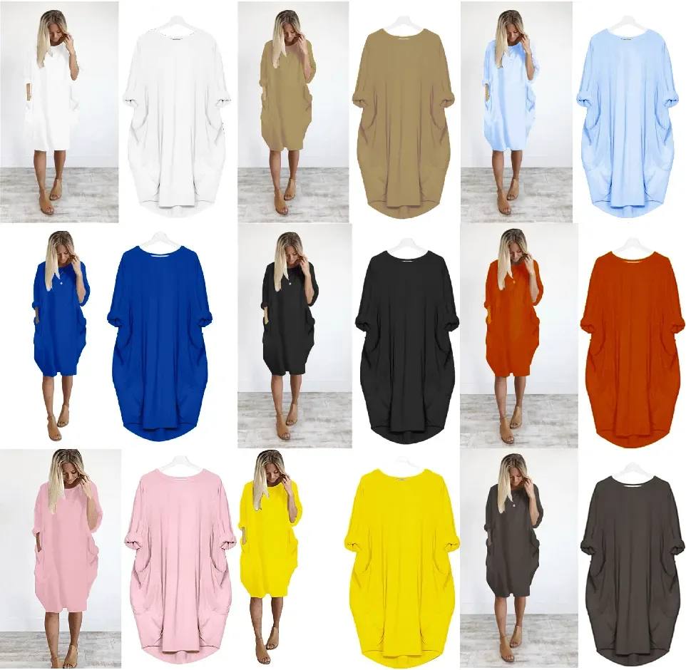Women Casual Loose Pocket Long Sleeves Dress