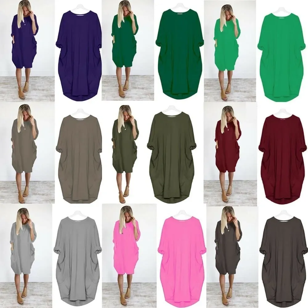 Women Casual Loose Pocket Long Sleeves Dress