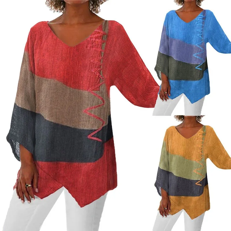 Women’s Elegant Casual V-Neck Long Sleeve Artistic Pattern Print Top