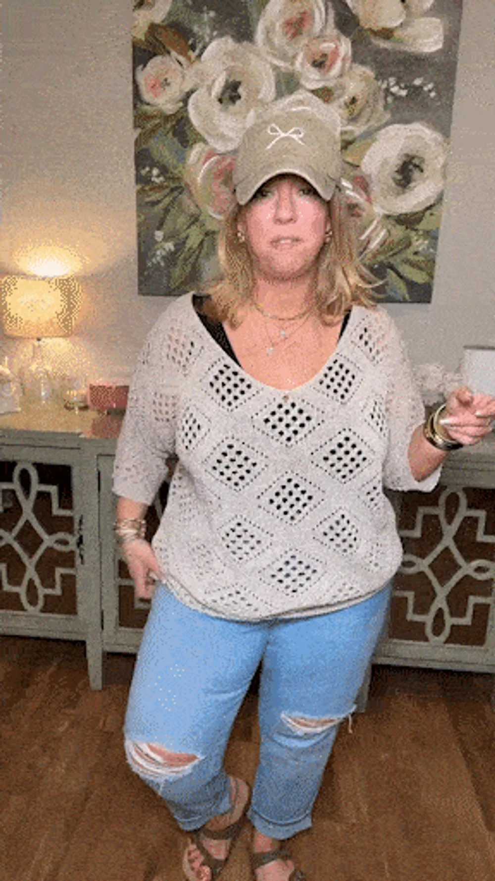 Womens Bohemian-Inspired Beige Crochet Top with V-Neck