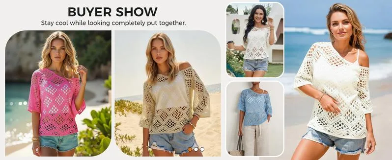 Womens Bohemian-Inspired Beige Crochet Top with V-Neck