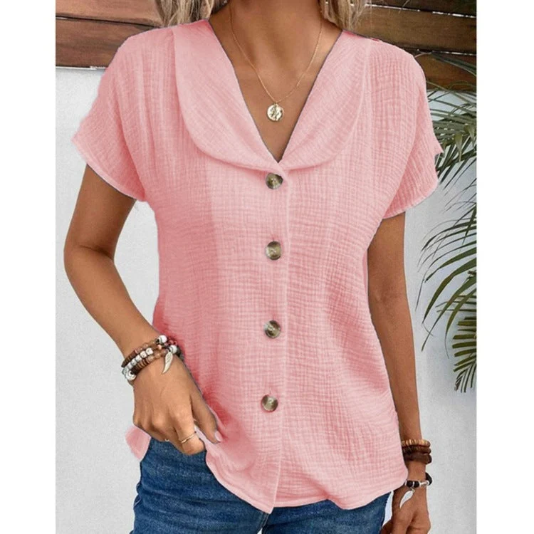 Women's Solid Color Button Down Lapel Short Sleeve Top - Image 11