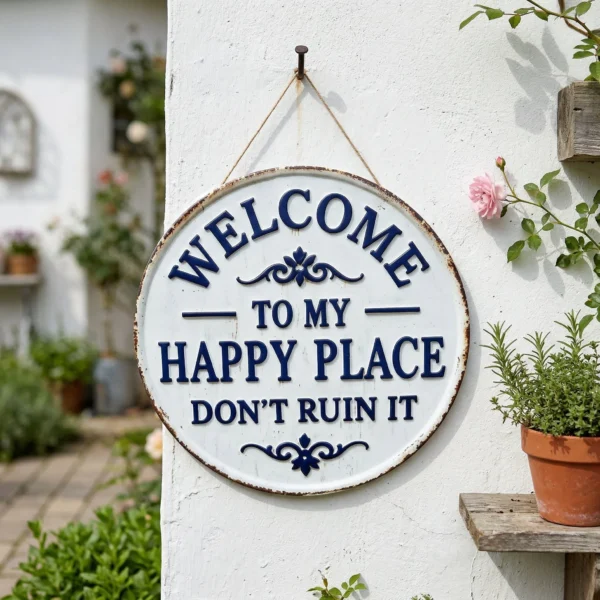 🏡Final Hours Flash Sale $9.74!!⏰Vintage Round Metal Sign – “Welcome to My Happy Place Don’t Ruin It” Garden Wall Decor