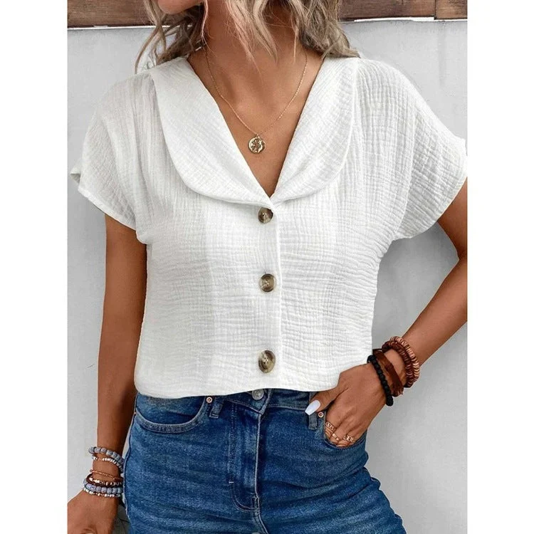 Women's Solid Color Button Down Lapel Short Sleeve Top - Image 5