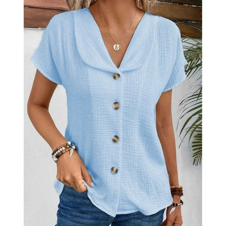 Women's Solid Color Button Down Lapel Short Sleeve Top - Image 9