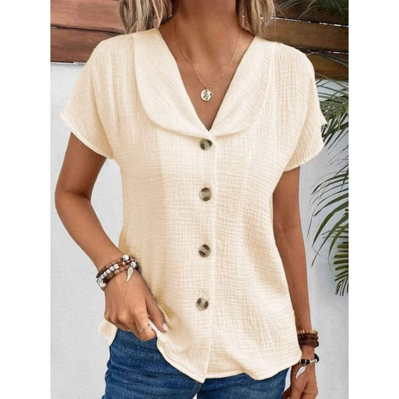 Women's Solid Color Button Down Lapel Short Sleeve Top - Image 3