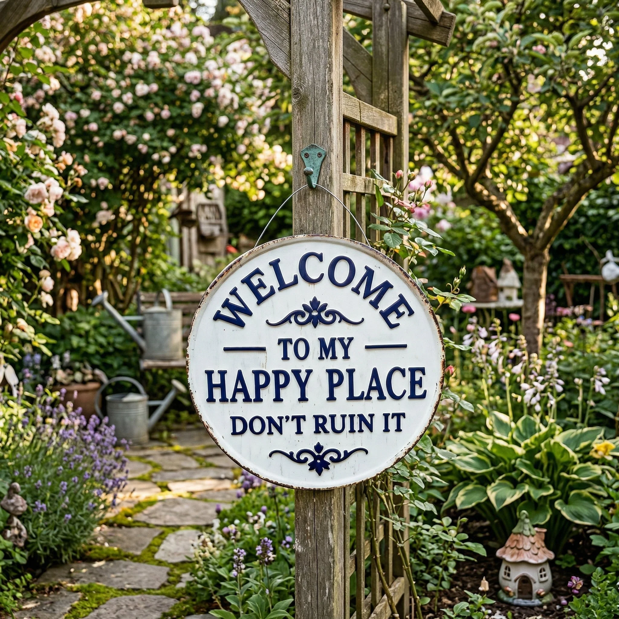 🏡Final Hours Flash Sale $9.74!!⏰Vintage Round Metal Sign – “Welcome to My Happy Place Don’t Ruin It” Garden Wall Decor - Image 9