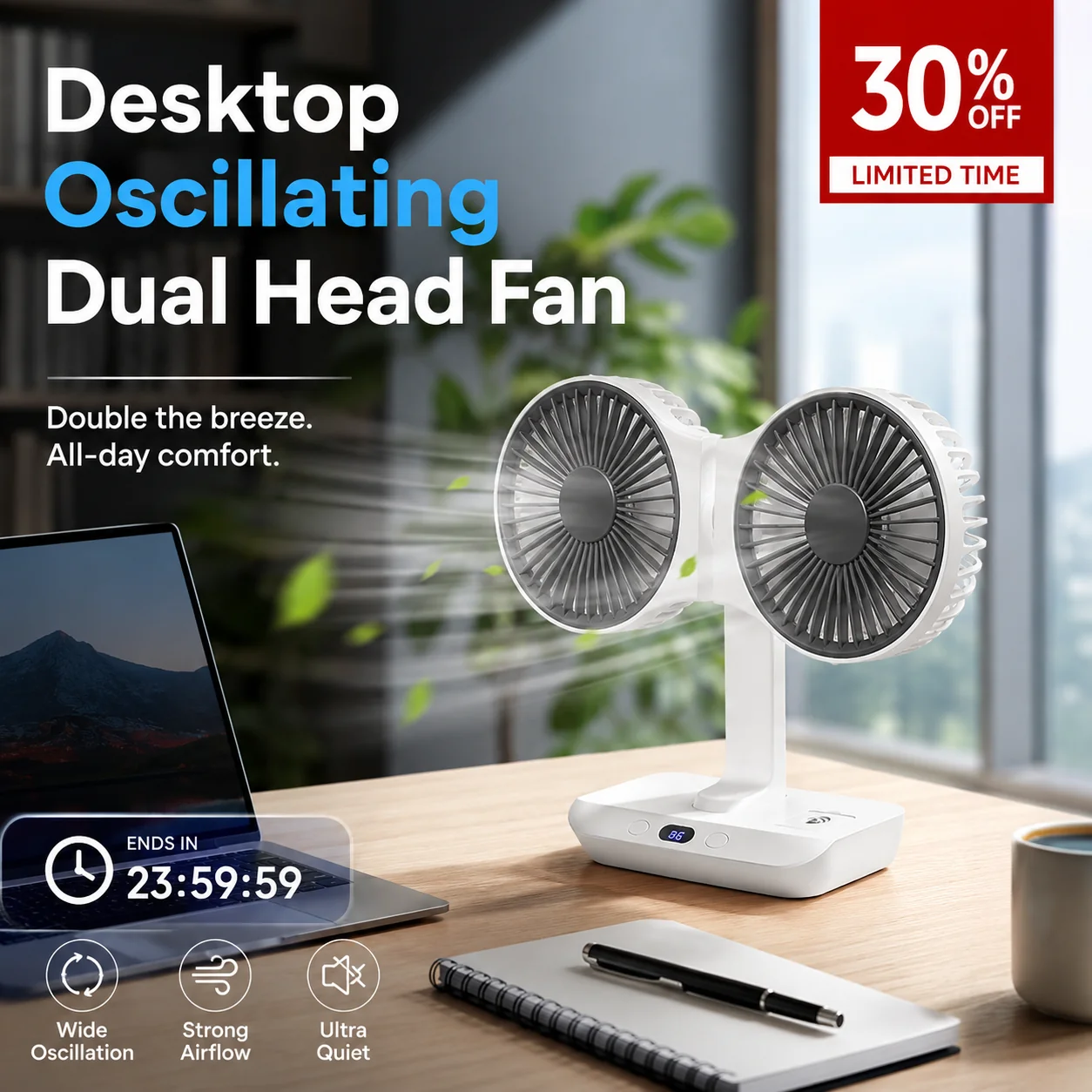 ⏳Time-limited Special⏰Desktop Oscillating Dual Head Fan🌬️ Powerful, Silent, Versatile😎 - Image 4