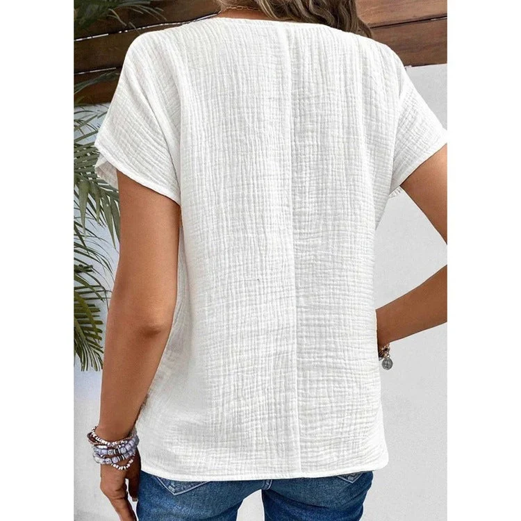 Women's Solid Color Button Down Lapel Short Sleeve Top - Image 6