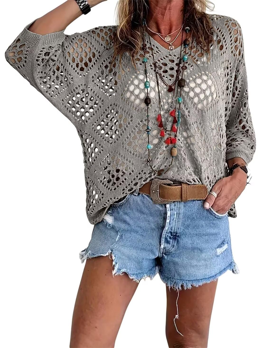 ⏰Last day sale 50% OFF🔥Hot Sale-Womens Bohemian-Inspired Beige Crochet Top with V-Neck - Image 5