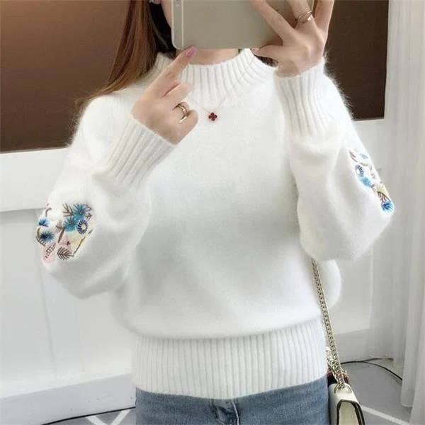 Cashmere Knitted Floral Embroidery Thick Sweater - სურათი 2