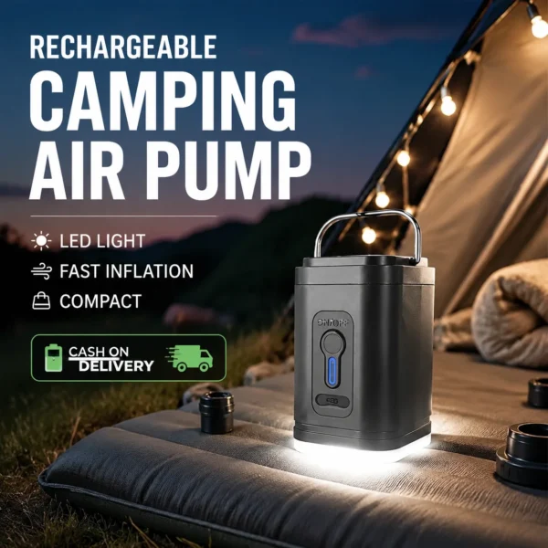 🏕️ Rechargeable Camping Air Pump – LED Light, Fast Inflation, Compact – Cash on Delivery 🔋