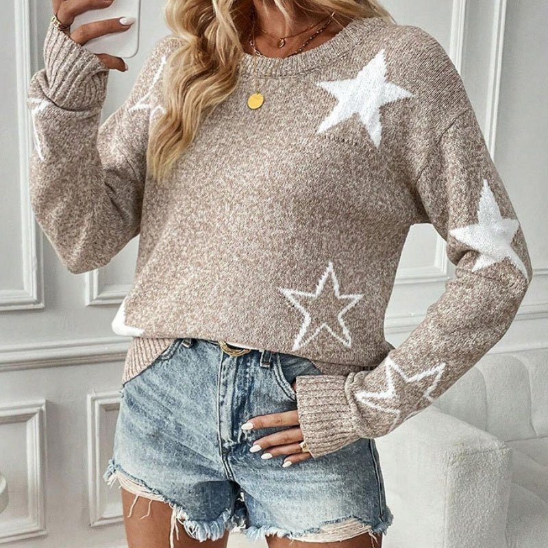Women’s Long-Sleeve Crew Neck Sweater with Star Pattern