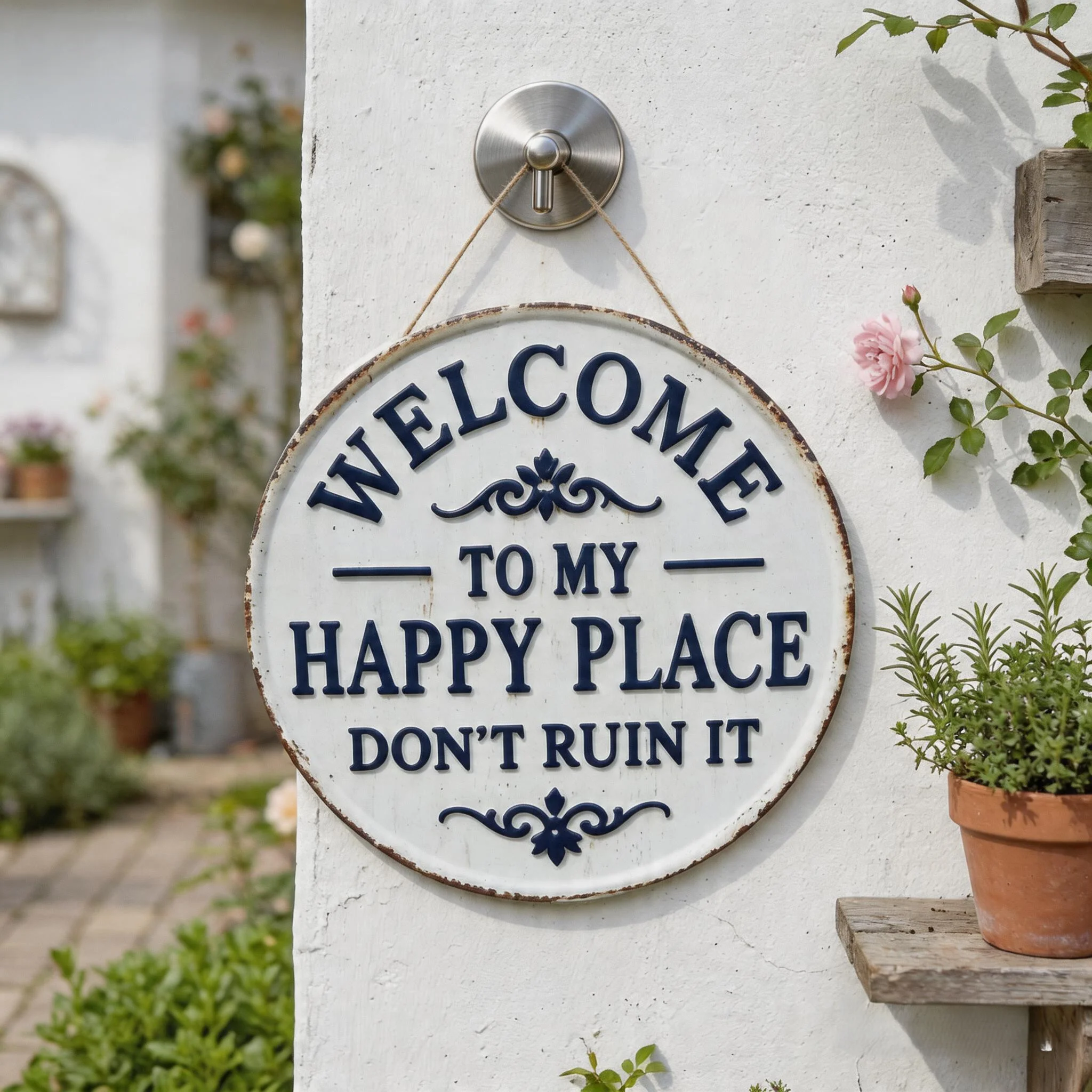 🏡Final Hours Flash Sale $9.74!!⏰Vintage Round Metal Sign – “Welcome to My Happy Place Don’t Ruin It” Garden Wall Decor - Image 4