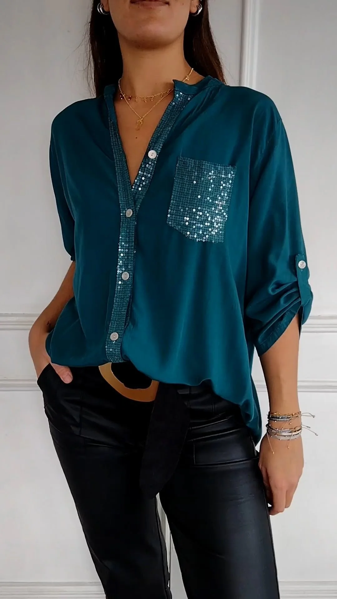 🔥2025 HOT SALE🌸Cotton V-neck Sequin Mid-sleeve Casual Top - Image 5