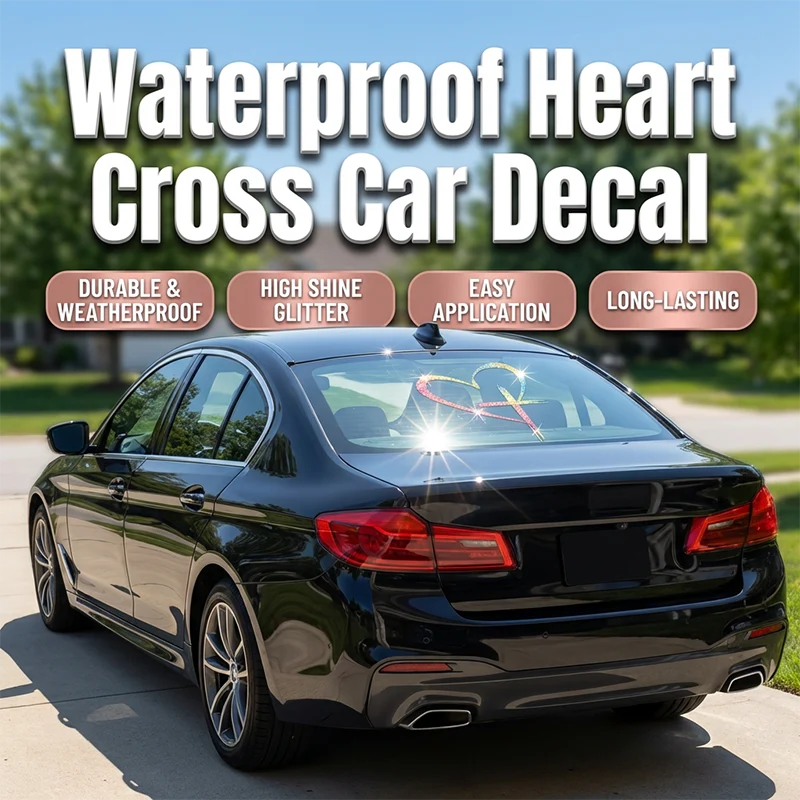 Glitter Heart Cross Car Decal Sticker