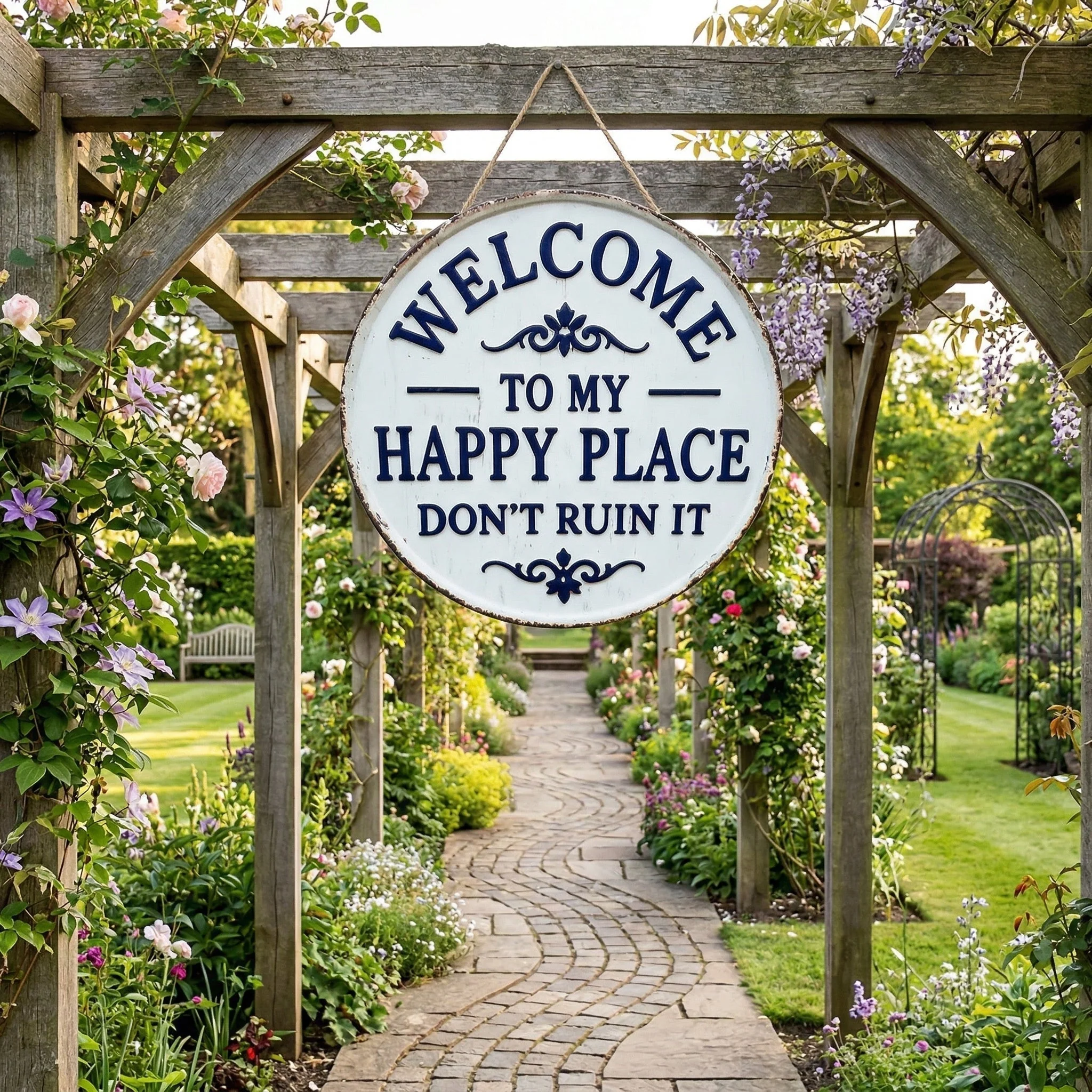 🏡Final Hours Flash Sale $9.74!!⏰Vintage Round Metal Sign – “Welcome to My Happy Place Don’t Ruin It” Garden Wall Decor - Image 6