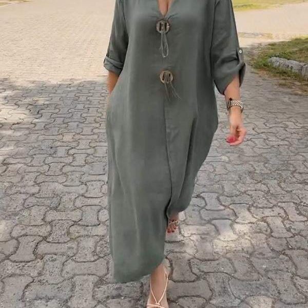 Casual V-neck Cotton and Linen Dress
