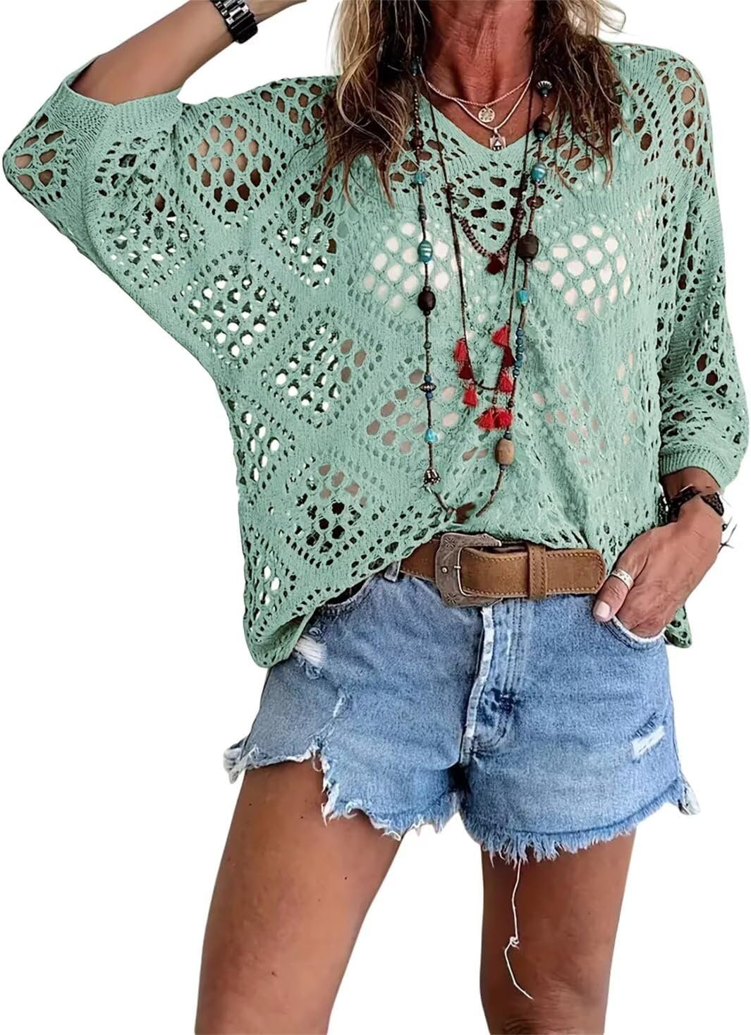⏰Last day sale 50% OFF🔥Hot Sale-Womens Bohemian-Inspired Beige Crochet Top with V-Neck - Image 3