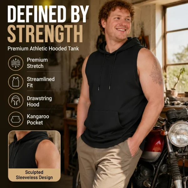🔥 Sleeveless Hooded Sports Top💧 Moisture-wicking · Quick-drying and friction-resistant🧢 Hooded for sun protection and wind resistance · 🏋️ Perfect for weightlifting, running, or casual wear