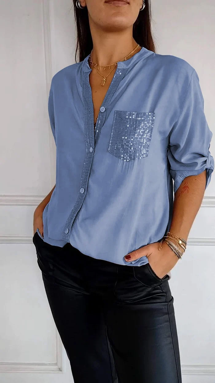 🔥2025 HOT SALE🌸Cotton V-neck Sequin Mid-sleeve Casual Top - Image 4
