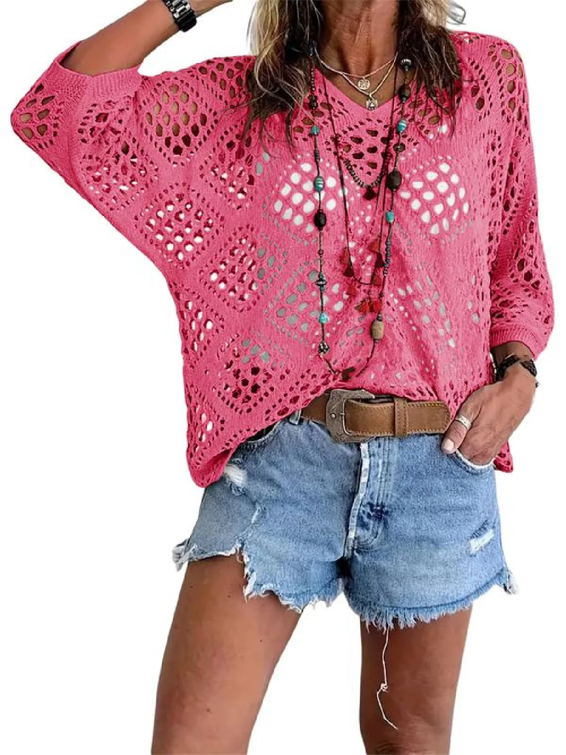 ⏰Last day sale 50% OFF🔥Hot Sale-Womens Bohemian-Inspired Beige Crochet Top with V-Neck - Image 4